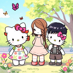 Three cute Hello Kitty friends enjoying a sunny day at a park