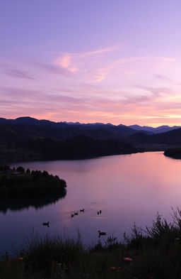 A serene landscape during twilight, showcasing rolling hills bathed in hues of purple and orange