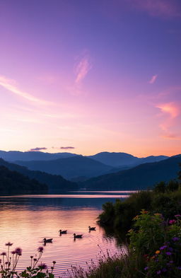 A serene landscape during twilight, showcasing rolling hills bathed in hues of purple and orange