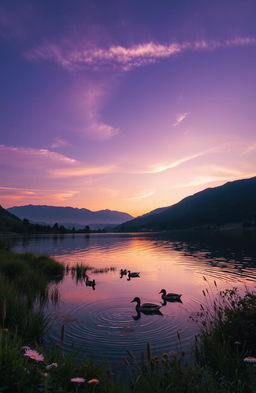 A serene landscape during twilight, showcasing rolling hills bathed in hues of purple and orange