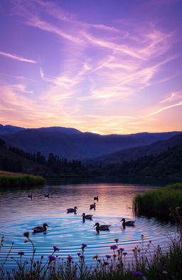 A serene landscape during twilight, showcasing rolling hills bathed in hues of purple and orange