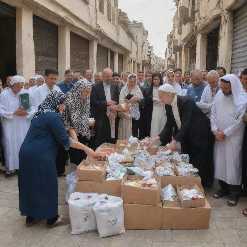 Post-prayer, the image captures the townspeople generously making donations in aid of Palestine, displaying a powerful moment of unity, devotion, and compassion.