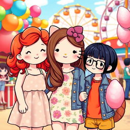 Three adorable Hello Kitty friends hanging out at a cheerful carnival