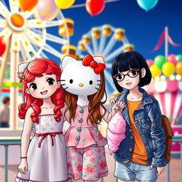 Three adorable Hello Kitty friends hanging out at a cheerful carnival