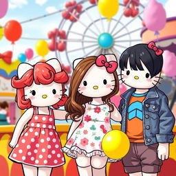 Three adorable Hello Kitty friends hanging out at a cheerful carnival