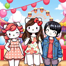 Three adorable Hello Kitty friends hanging out at a cheerful carnival