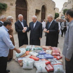 Post-prayer, the image captures the townspeople generously making donations in aid of Palestine, displaying a powerful moment of unity, devotion, and compassion.