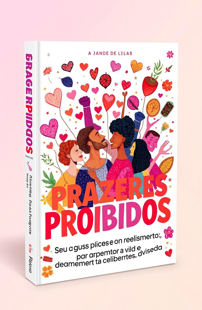 A vibrant and engaging book cover design titled 'Prazeres Proibidos: Seu Guia Sexual Para Apimentar A Vida e Celebrar a Diversidade'