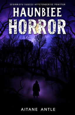 A suspenseful horror book cover featuring a haunting forest at twilight, with twisted trees and a faint fog creeping through