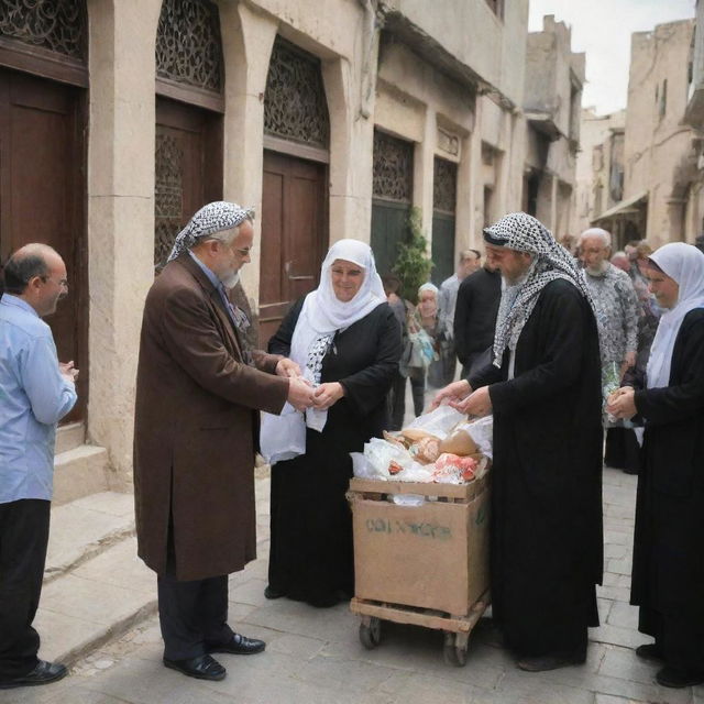 Post-prayer, the image captures the townspeople generously making donations in aid of Palestine, displaying a powerful moment of unity, devotion, and compassion.