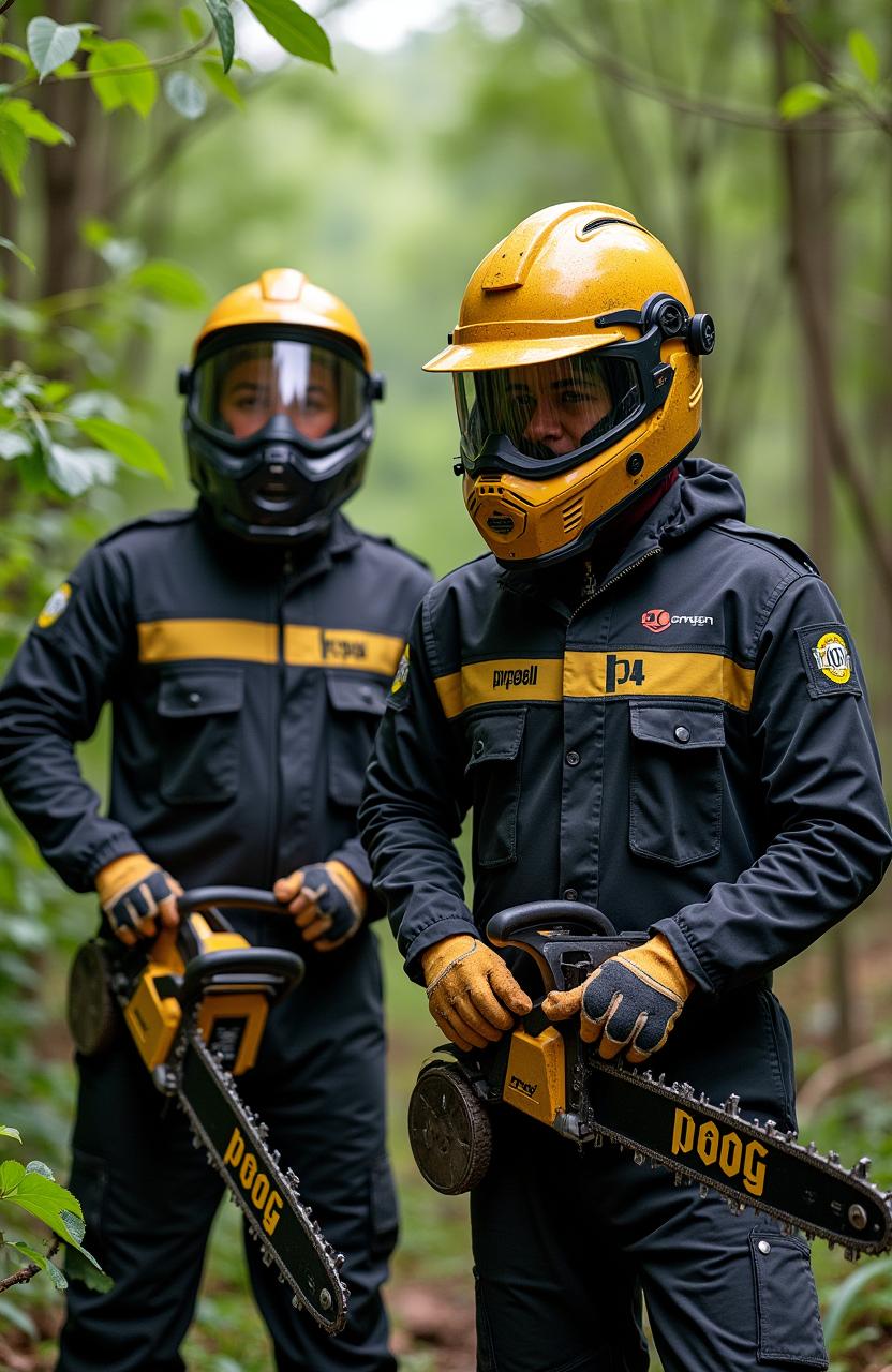 Two people wearing black and gold work suits adorned with the word 'PROG', equipped with gold and black helmets featuring visors, are seen carrying black and gold chainsaws also labeled 'PROG'