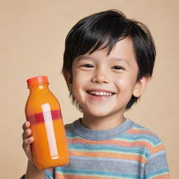 A charming young boy with glossy black hair, smiling brightly as he adorably hugs a colorful juice bottle.