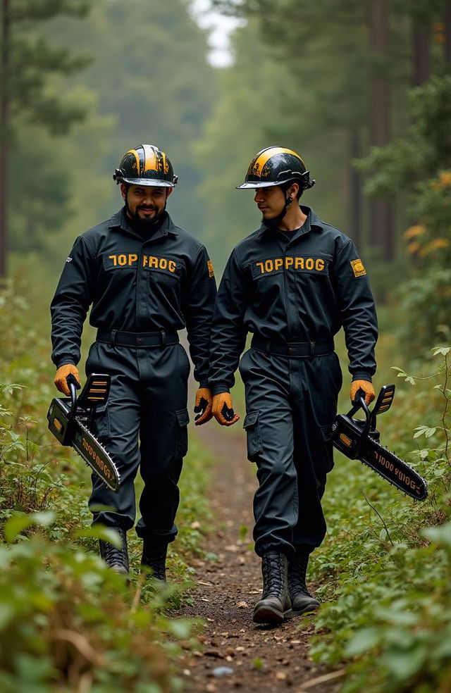 Two individuals dressed in full black and gold work suits labeled 'PROG' and wearing matching black and gold helmets are seen walking through dense underbrush