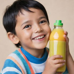 A charming young boy with glossy black hair, smiling brightly as he adorably hugs a colorful juice bottle.