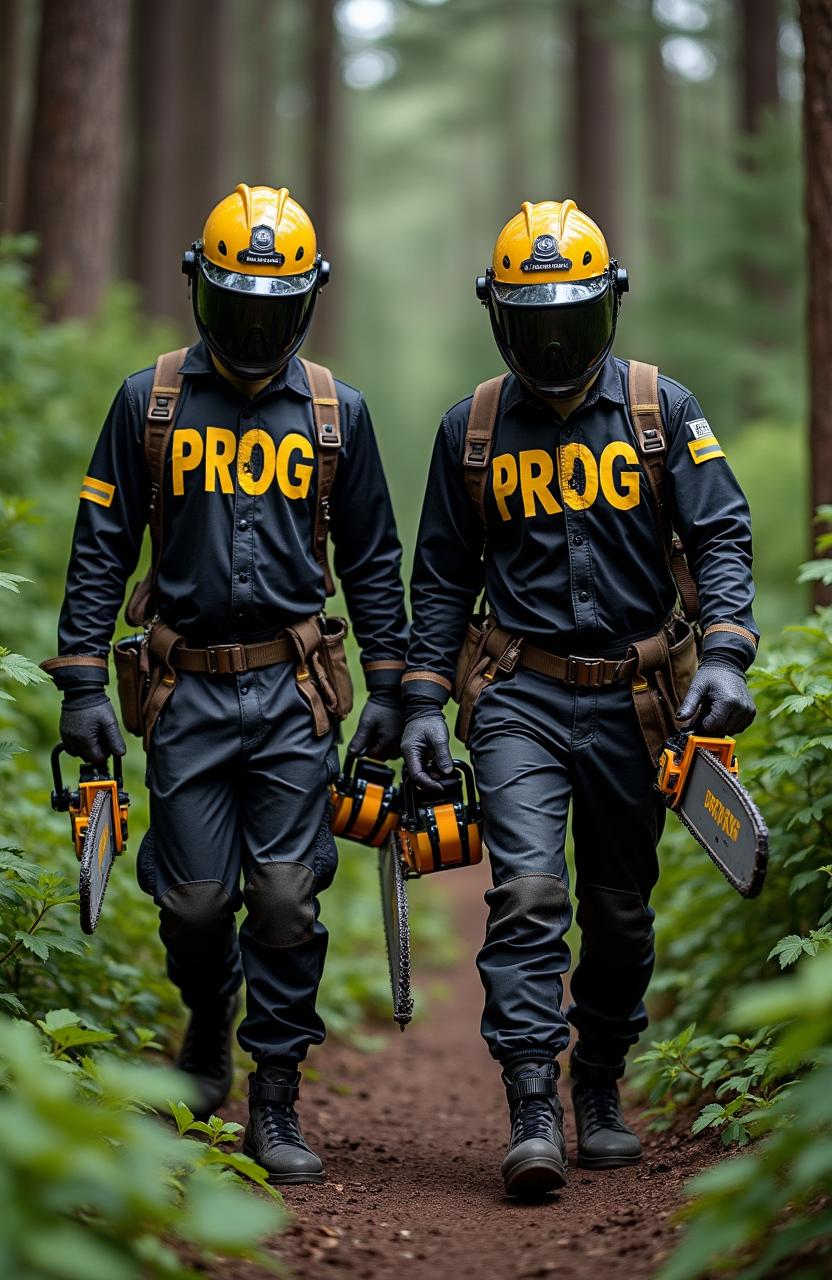 Two individuals dressed in shiny black and gold work suits with the word 'PROG' displayed prominently, wearing matching black and gold hard hats, are carrying black and gold chainsaws also labeled 'PROG'