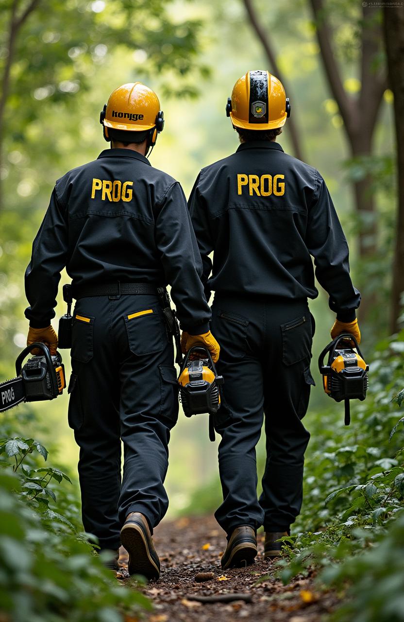 Two individuals dressed in black and gold work suits featuring the word 'PROG' subtly on the left side, are each carrying a black and gold chainsaw also labeled 'PROG'