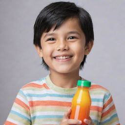 A charming young boy with glossy black hair, smiling brightly as he adorably hugs a colorful juice bottle.