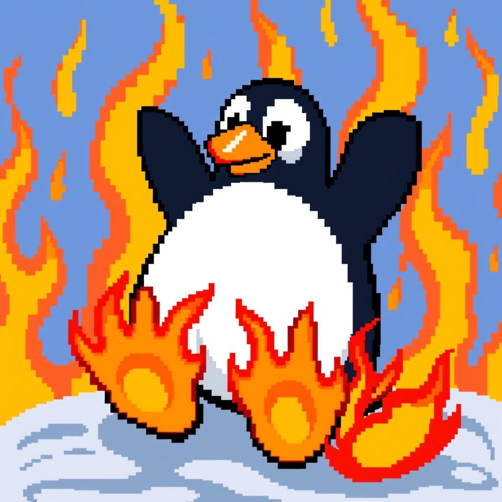 A vibrant and dynamic pixel art background featuring flaming penguin feet