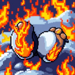 A vibrant and dynamic pixel art background featuring flaming penguin feet