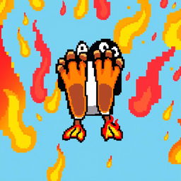 A vibrant and dynamic pixel art background featuring flaming penguin feet