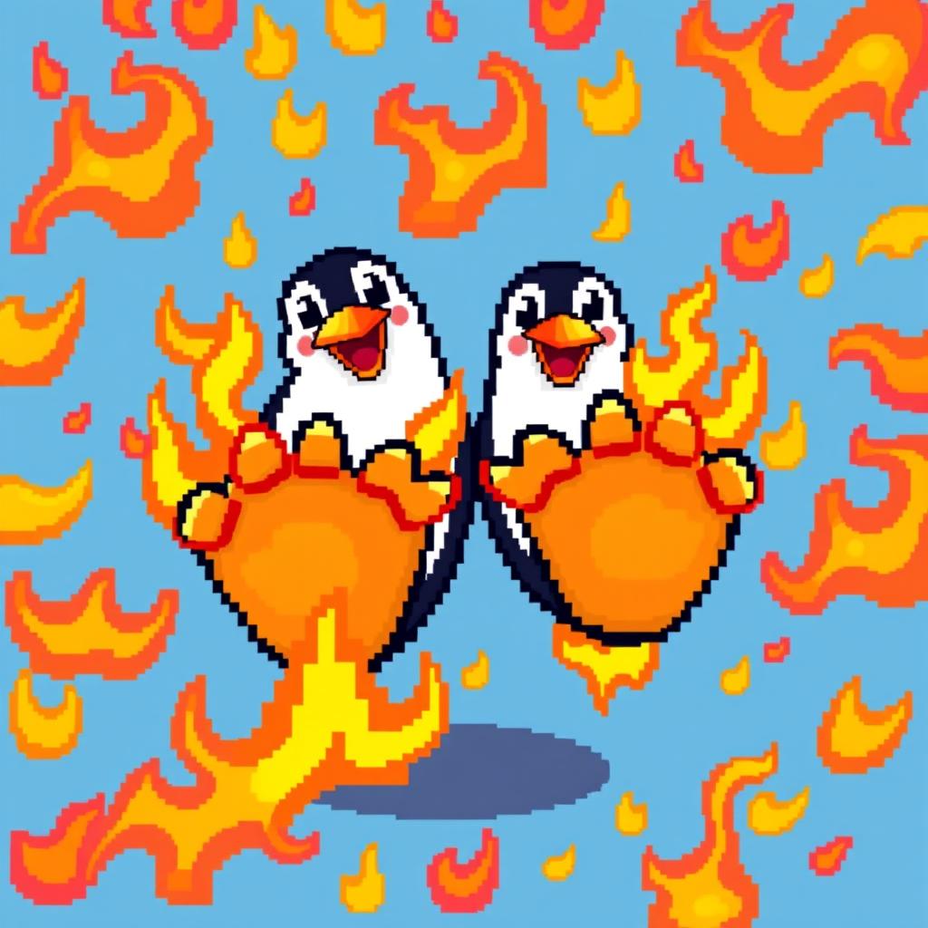 A vibrant and dynamic pixel art background featuring flaming penguin feet