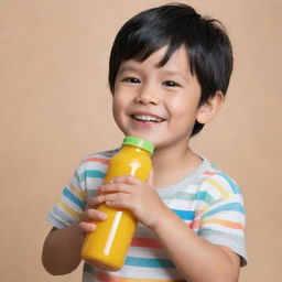 A charming young boy with glossy black hair, smiling brightly as he adorably hugs a colorful juice bottle.