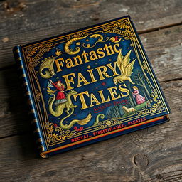 An antique and ornate book cover titled 'Fantastic Fairy Tales' displayed on a weathered wooden surface