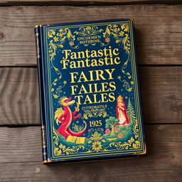 An antique and ornate book cover titled 'Fantastic Fairy Tales' displayed on a weathered wooden surface