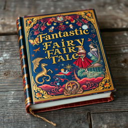 An antique and ornate book cover titled 'Fantastic Fairy Tales' displayed on a weathered wooden surface