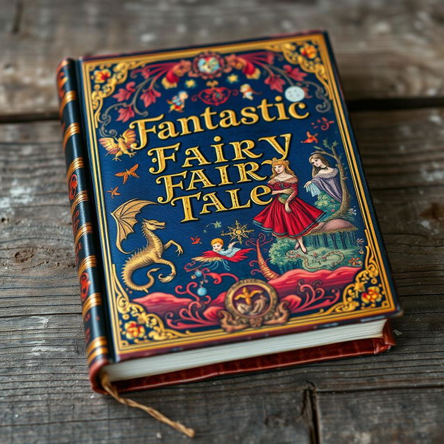 An antique and ornate book cover titled 'Fantastic Fairy Tales' displayed on a weathered wooden surface