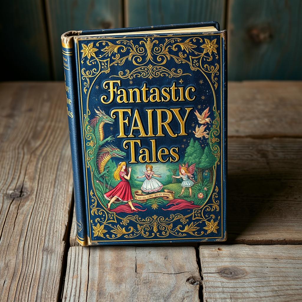 An antique and ornate book cover titled 'Fantastic Fairy Tales' displayed on a weathered wooden surface