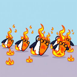 A lively pixel art background showcasing multiple flaming penguin feet