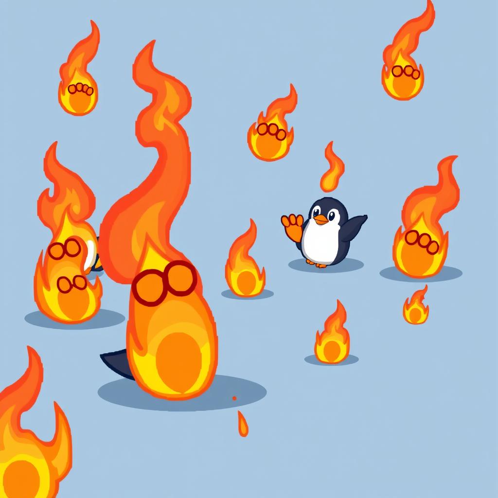 A lively pixel art background showcasing multiple flaming penguin feet