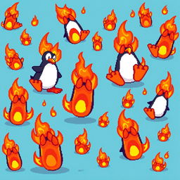 A lively pixel art background showcasing multiple flaming penguin feet