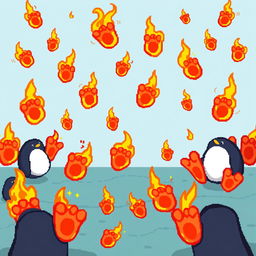 A lively pixel art background showcasing multiple flaming penguin feet