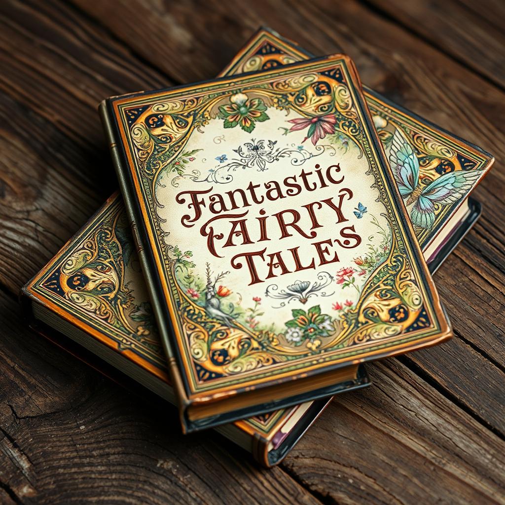 An antique and ornate book cover titled 'Fantastic Fairy Tales', featuring intricate designs and embellishments