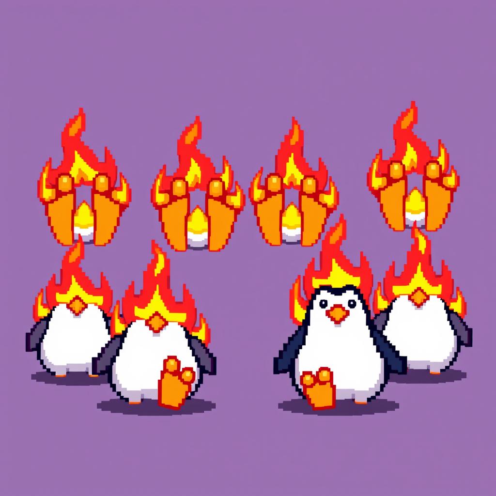 A captivating pixel art background featuring several flaming penguin feet