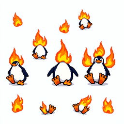 A captivating pixel art background featuring several flaming penguin feet