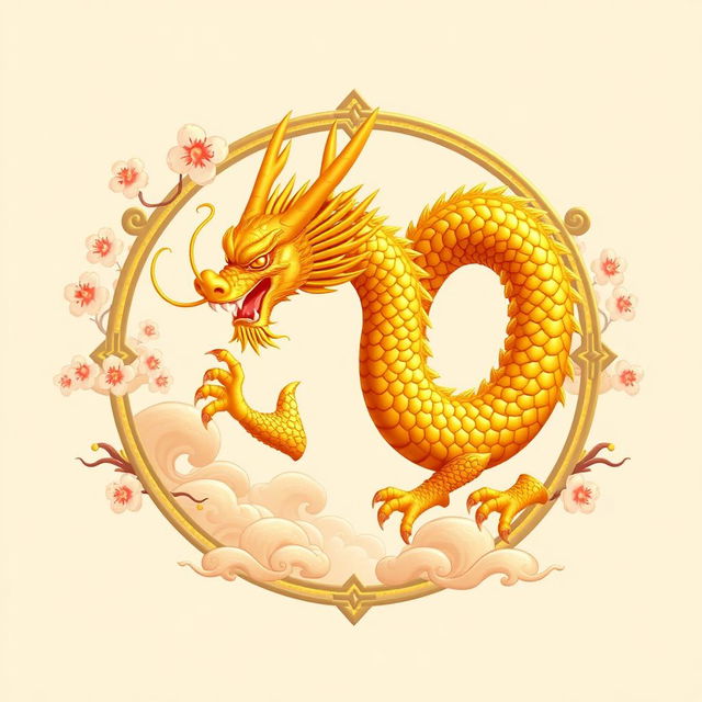 An emblem representing a medieval Asian kingdom or civilization, featuring a majestic golden oriental dragon as the central symbol