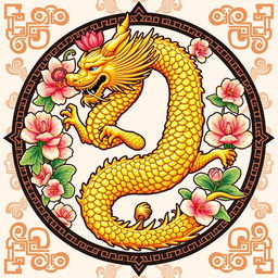 An emblem representing a medieval Asian kingdom or civilization, prominently featuring a stunning golden oriental dragon as the central symbol