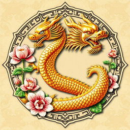 An emblem representing a medieval Asian kingdom or civilization, prominently featuring a stunning golden oriental dragon as the central symbol