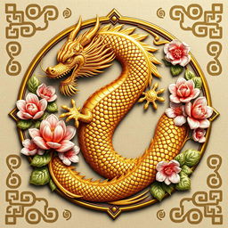 An emblem representing a medieval Asian kingdom or civilization, prominently featuring a stunning golden oriental dragon as the central symbol