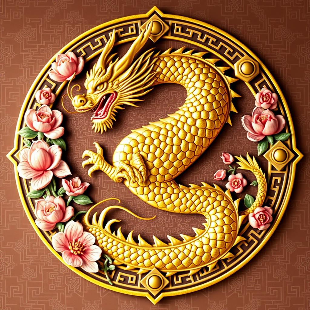 An emblem representing a medieval Asian kingdom or civilization, prominently featuring a stunning golden oriental dragon as the central symbol