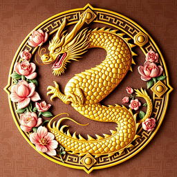 An emblem representing a medieval Asian kingdom or civilization, prominently featuring a stunning golden oriental dragon as the central symbol