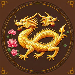 Un emblema que representa un reino o civilización medieval asiática, con un dragón dorado de la cosmología china como símbolo central