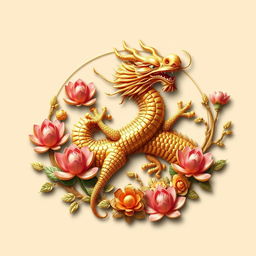 Un emblema que representa un reino o civilización medieval asiática, con un dragón dorado de la cosmología china como símbolo central