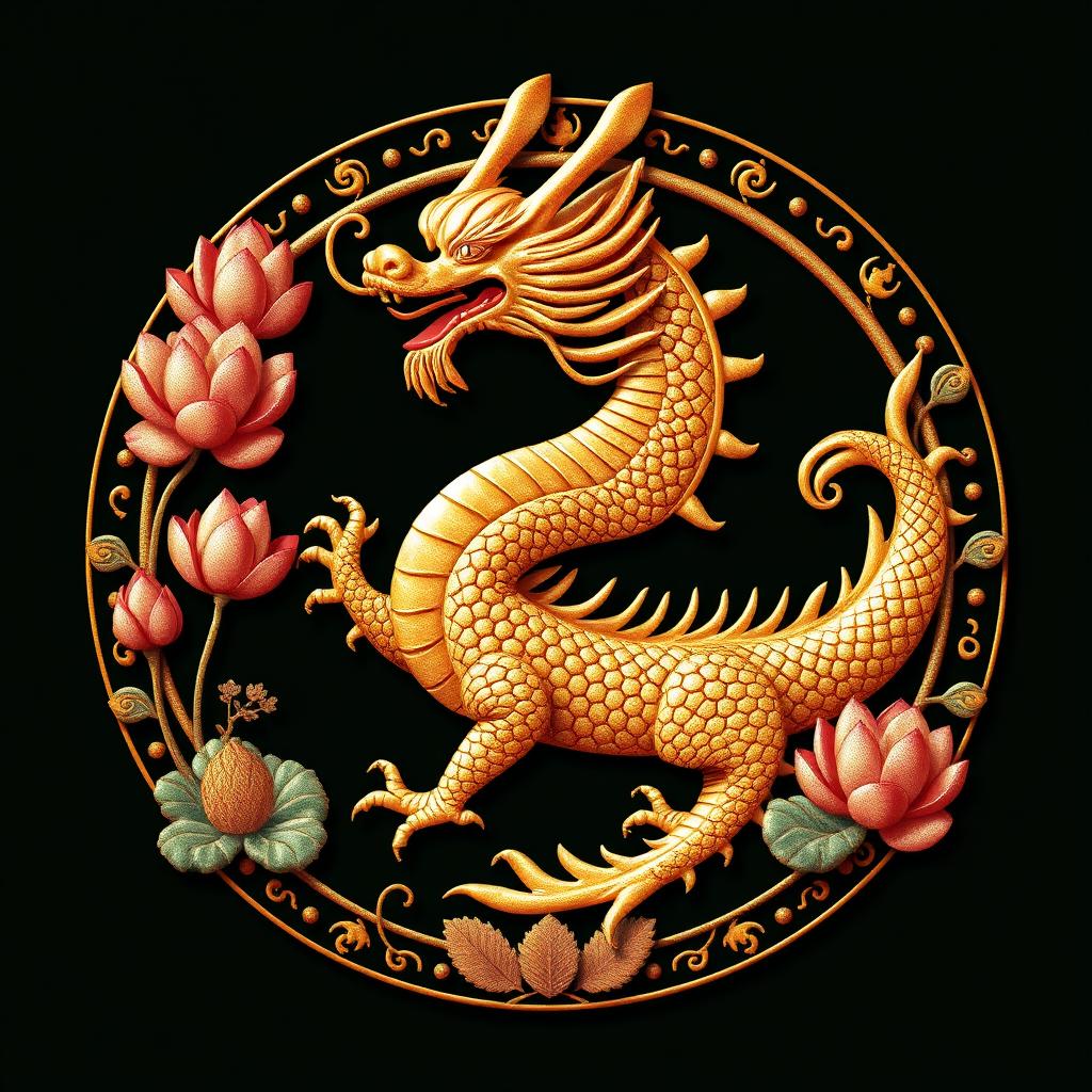 Un emblema que representa un reino o civilización medieval asiática, con un dragón dorado de la cosmología china como símbolo central