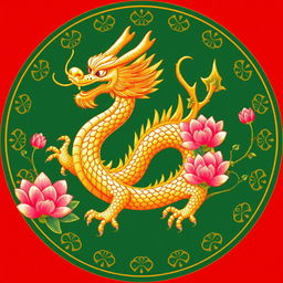 Un emblema que representa un reino o civilización medieval asiática, con un dragón dorado de la cosmología china como símbolo central