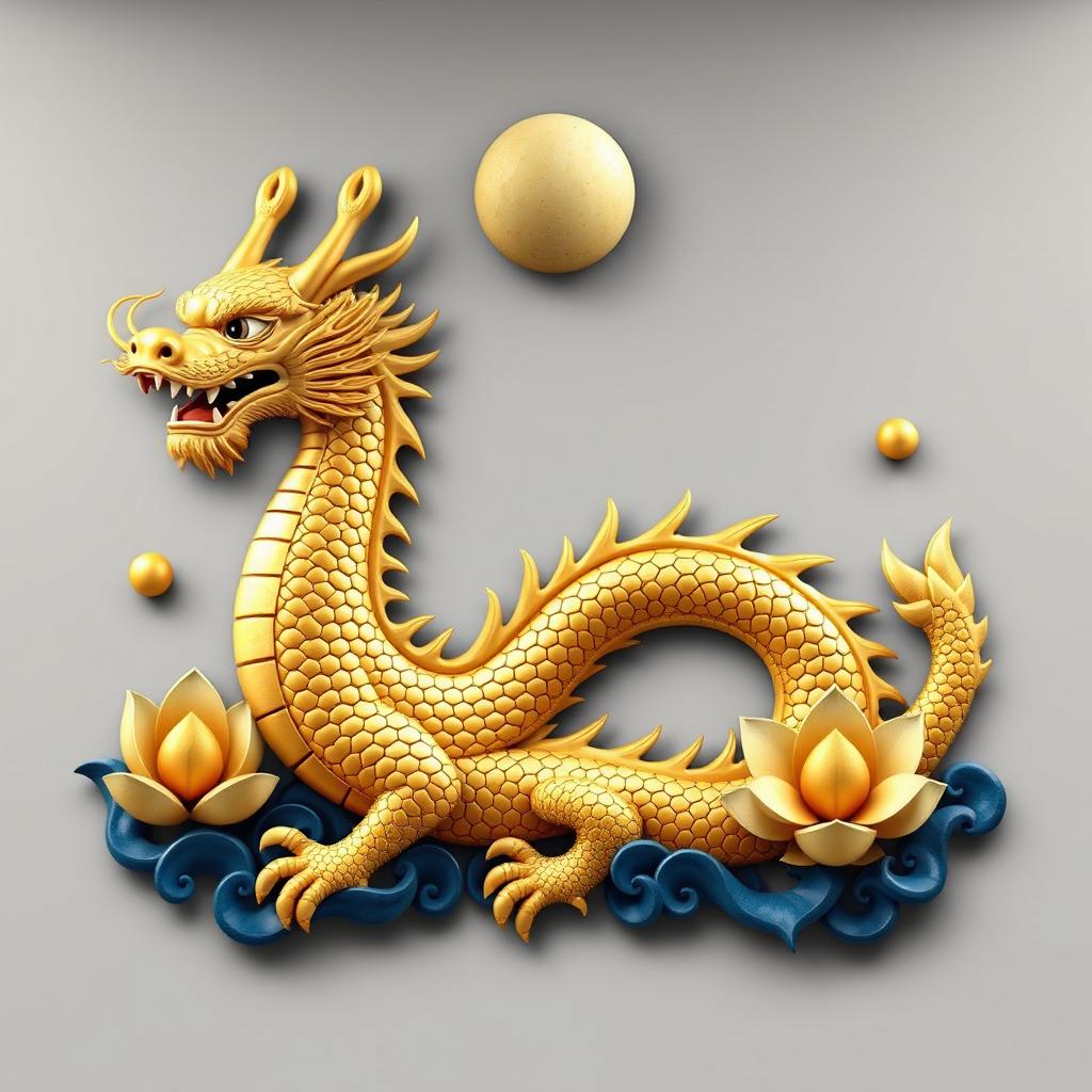 Un emblema que representa un reino o civilización medieval asiática, con un dragón dorado de la cosmología china como símbolo central