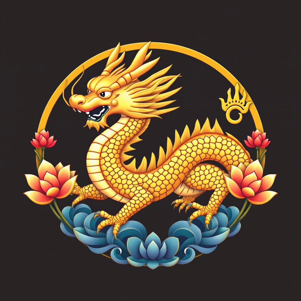 Un emblema que representa un reino o civilización medieval asiática, con un dragón dorado de la cosmología china como símbolo central